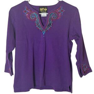 Bob Mackie Wearable Art Vintage 90s Boho Embroidered Purple Cotton Top S